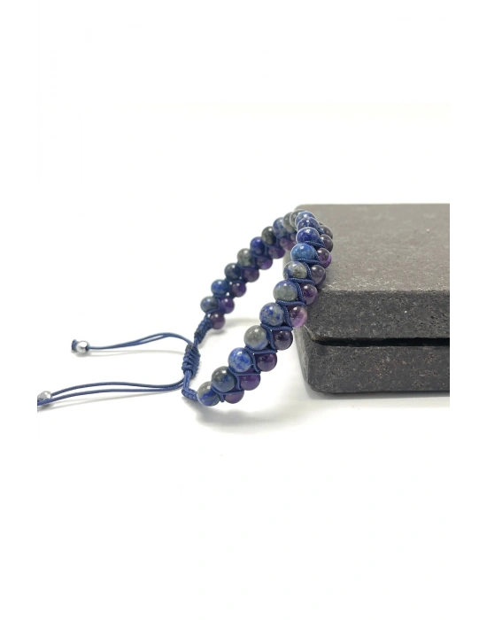 SERTİFİKALI Lapis Lazuli - Ametist Doğal Taş Çift Sıra Makrome Bileklik