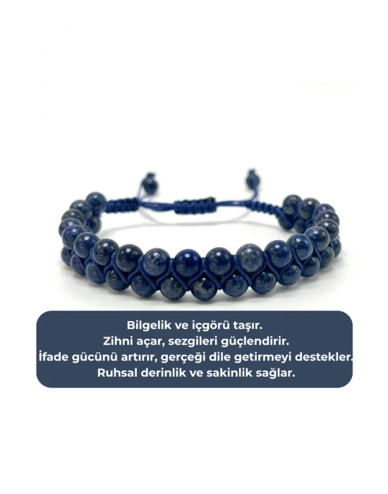 SERTİFİKALI Lapis Lazuli Çift Sıra Doğal Taş Makrome Bileklik Ayarlanabilir Ölçü