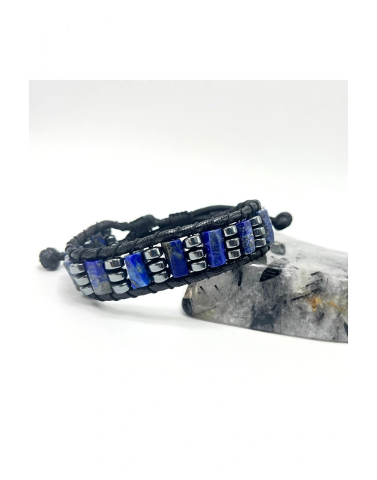 Sertifikalı Lapis Lazuli Doğal Taş Şık Görünümlü Erkek Bileklik Makrome Ayarlanabilir Ölçü