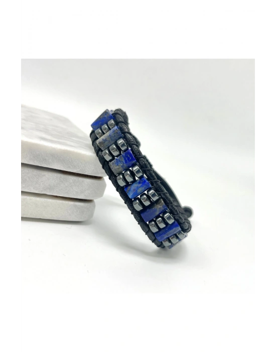Sertifikalı Lapis Lazuli Doğal Taş Şık Görünümlü Erkek Bileklik Makrome Ayarlanabilir Ölçü