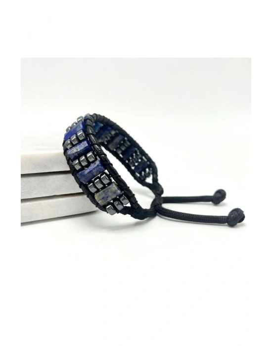 Sertifikalı Lapis Lazuli Doğal Taş Şık Görünümlü Erkek Bileklik Makrome Ayarlanabilir Ölçü