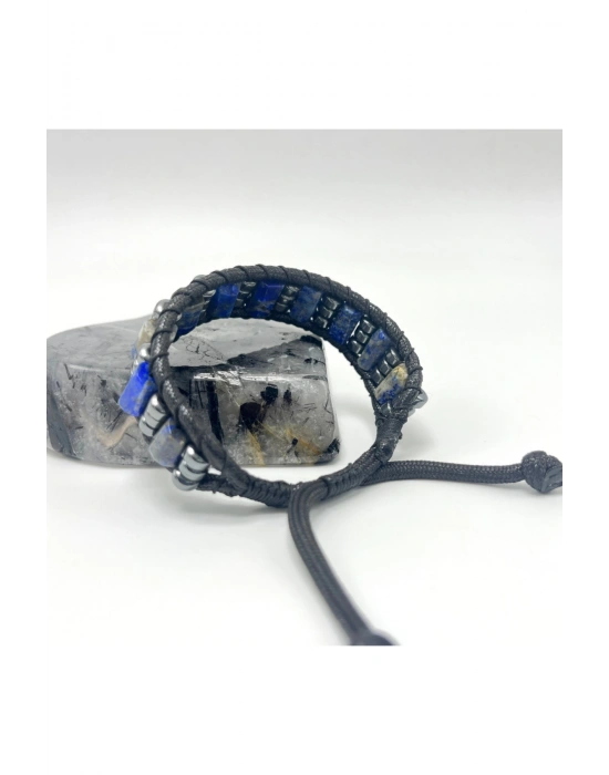 Sertifikalı Lapis Lazuli Doğal Taş Şık Görünümlü Erkek Bileklik Makrome Ayarlanabilir Ölçü