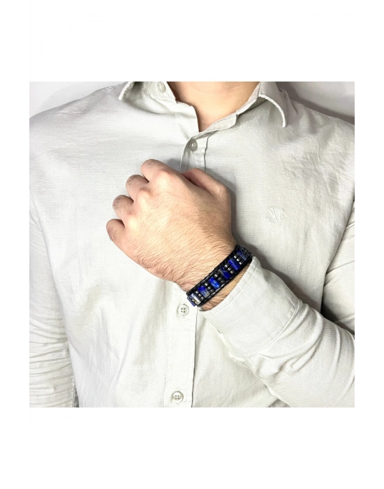 Sertifikalı Lapis Lazuli Doğal Taş Şık Görünümlü Erkek Bileklik Makrome Ayarlanabilir Ölçü