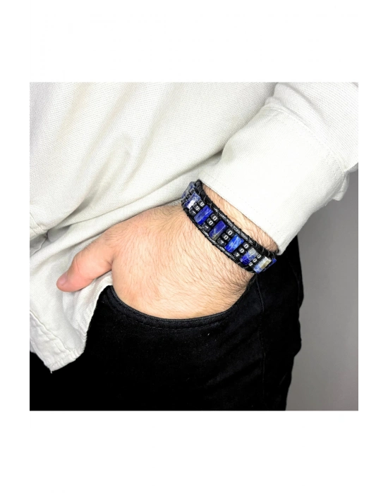 Sertifikalı Lapis Lazuli Doğal Taş Şık Görünümlü Erkek Bileklik Makrome Ayarlanabilir Ölçü