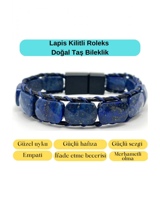 Sertifikalı Lapis Lazuli Kilit Kapama Roleks Doğal Taş Deri Bileklik