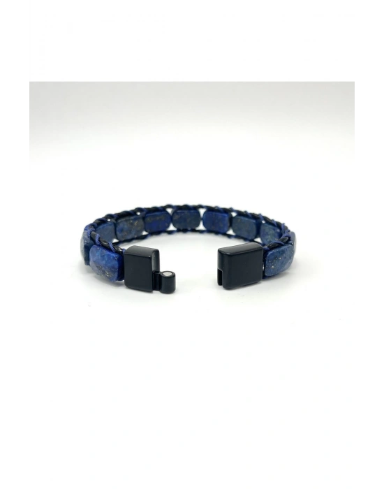 Sertifikalı Lapis Lazuli Kilit Kapama Roleks Doğal Taş Deri Bileklik