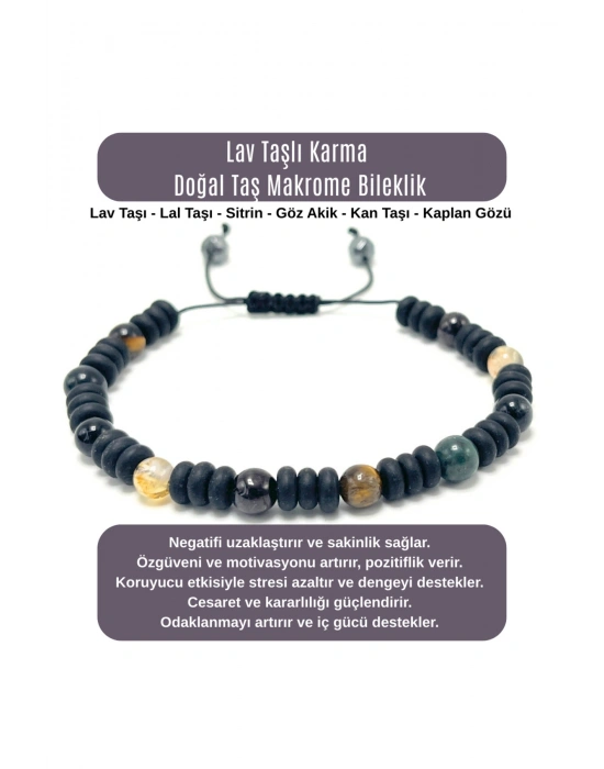 SERTİFİKALI Lav Taşlı Karma Doğal Taş Makrome Bileklik