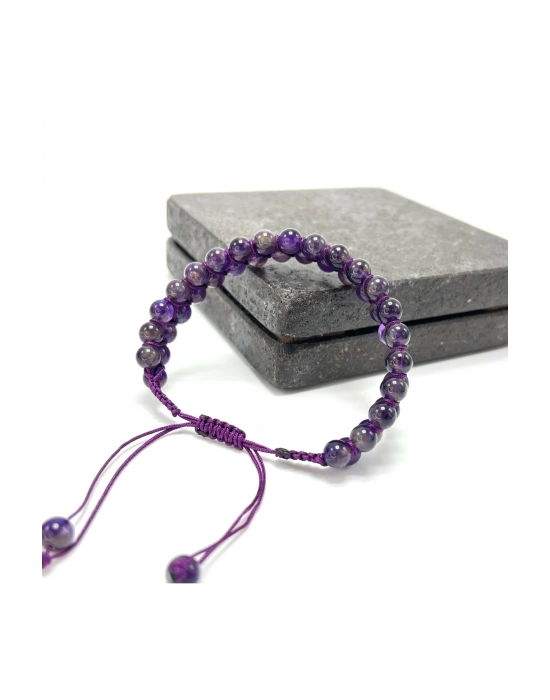 SERTİFİKALI Lepidolit Çift Sıra Doğal Taş Makrome Bileklik Ayarlanabilir Ölçü