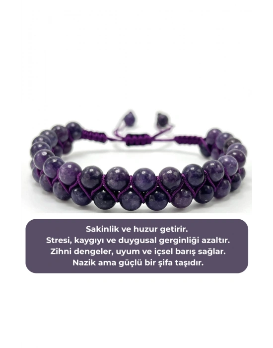 SERTİFİKALI Lepidolit Çift Sıra Doğal Taş Makrome Bileklik Ayarlanabilir Ölçü