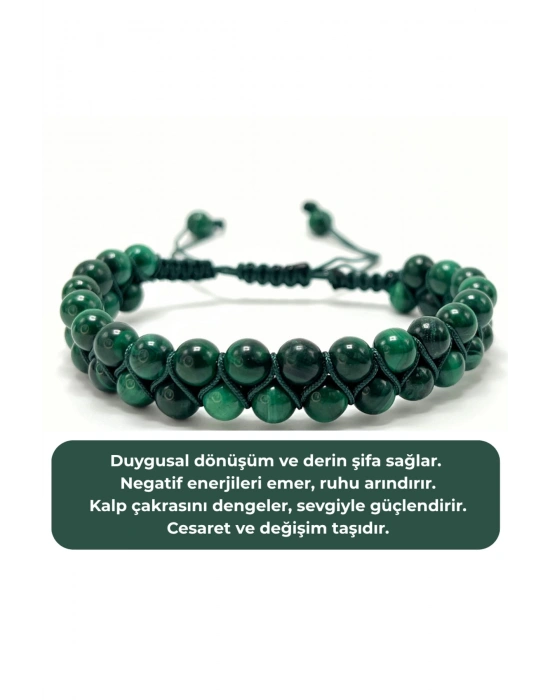 SERTİFİKALI Malakit Çift Sıra Doğal Taş Makrome Bileklik Ayarlanabilir Ölçü