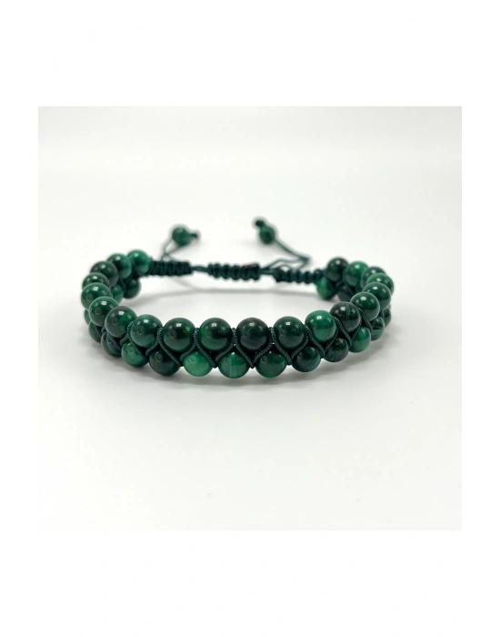 SERTİFİKALI Malakit Çift Sıra Doğal Taş Makrome Bileklik Ayarlanabilir Ölçü