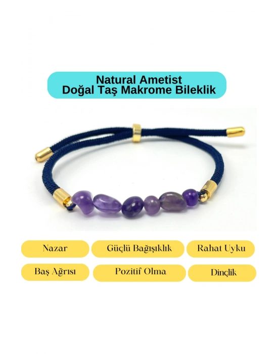 Sertifikalı Natural Ametist Doğal Taş Makrome Bileklik Ayarlanabilir Ölçü
