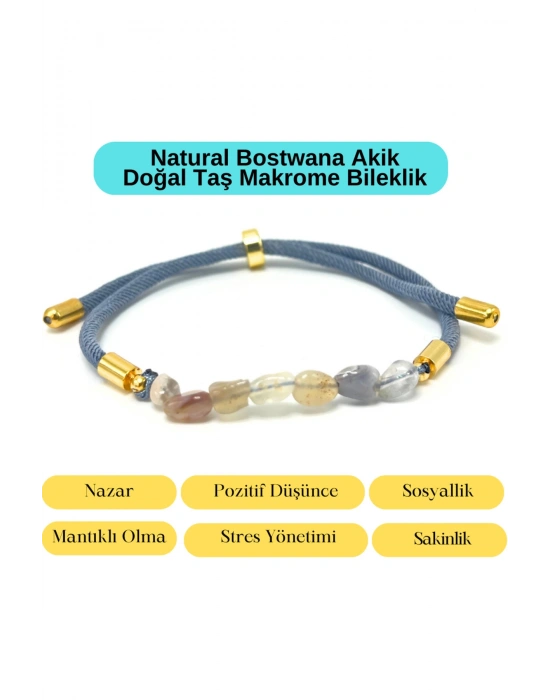 Sertifikalı Natural Bostwana Akik Doğal Taş Makrome Bileklik Ayarlanabilir Ölçü