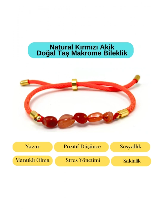 Sertifikalı Natural Kırmızı Akik Doğal Taş Makrome Bileklik Ayarlanabilir Ölçü