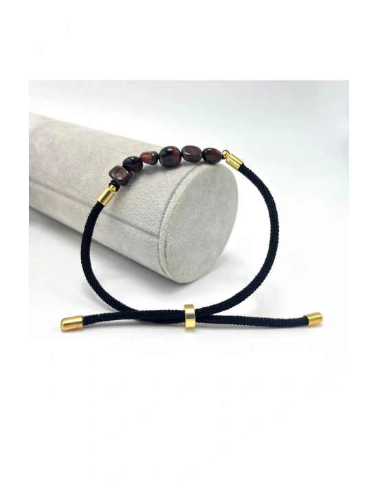 Sertifikalı Natural Kırmızı Kaplan Gözü Doğal Taş Makrome Bileklik Ayarlanabilir Ölçü