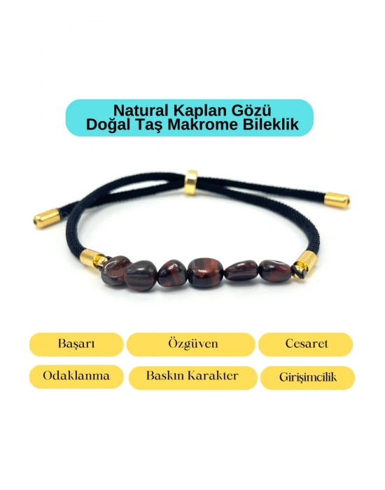 Sertifikalı Natural Kırmızı Kaplan Gözü Doğal Taş Makrome Bileklik Ayarlanabilir Ölçü