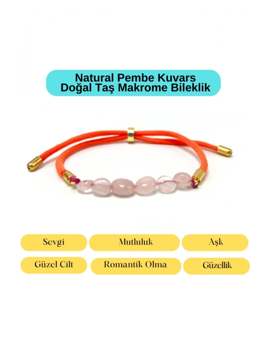 Sertifikalı Natural Pembe Kuvars Doğal Taş Makrome Bileklik Ayarlanabilir Ölçü