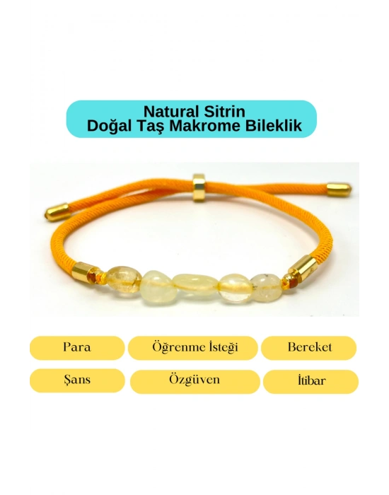 Sertifikalı Natural Sitrin Doğal Taş Makrome Bileklik Ayarlanabilir Ölçü