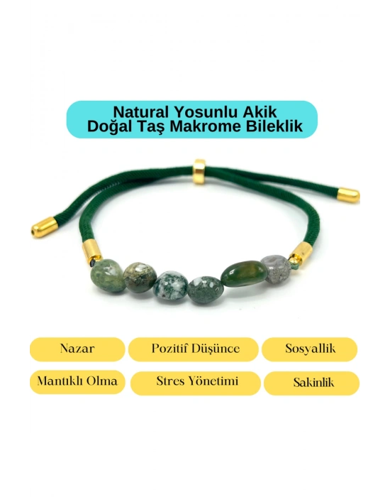 Sertifikalı Natural Yosunlu Akik Doğal Taş Makrome Bileklik Ayarlanabilir Ölçü