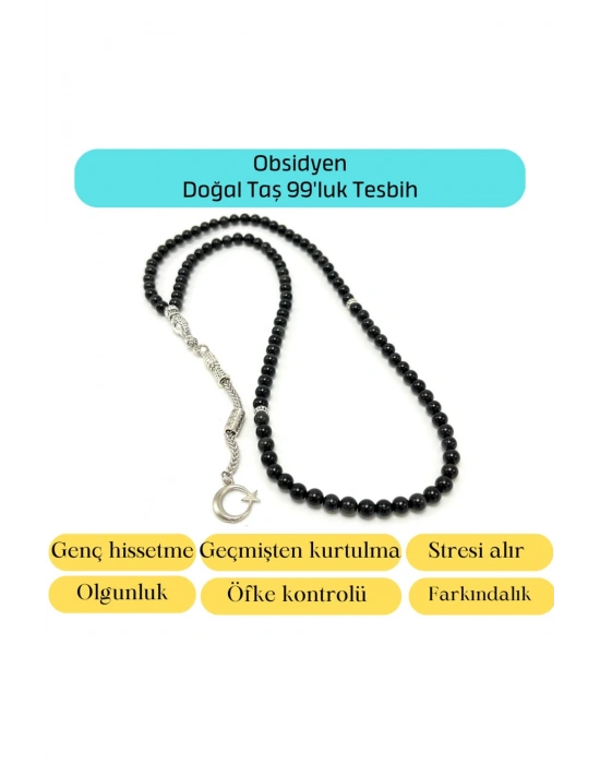 Sertifikalı Obsidyen 6mm 99luk Doğal Taş Tesbih