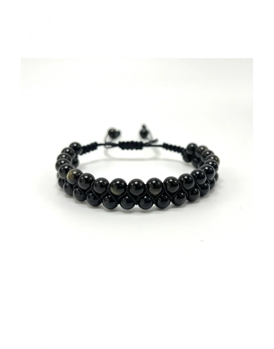 SERTİFİKALI Obsidyen Çift Sıra Doğal Taş Makrome Bileklik Ayarlanabilir Ölçü