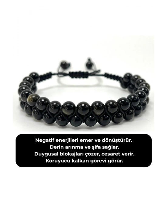 SERTİFİKALI Obsidyen Çift Sıra Doğal Taş Makrome Bileklik Ayarlanabilir Ölçü