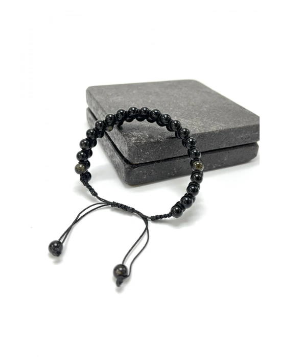 SERTİFİKALI Obsidyen Çift Sıra Doğal Taş Makrome Bileklik Ayarlanabilir Ölçü