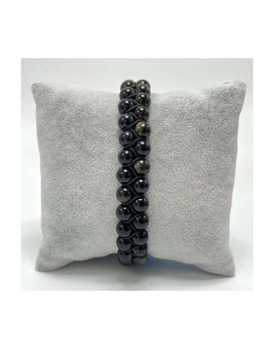 SERTİFİKALI Obsidyen Çift Sıra Doğal Taş Makrome Bileklik Ayarlanabilir Ölçü