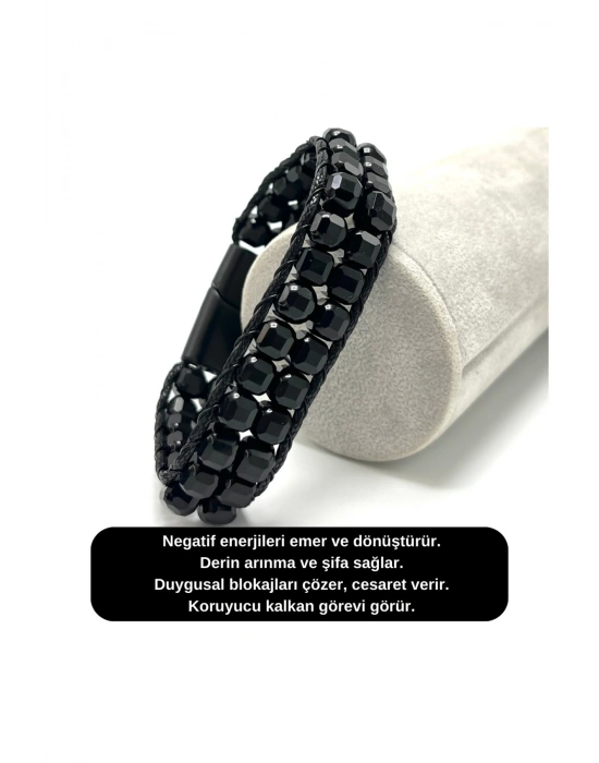 SERTİFİKALI Obsidyen Çift Sıra Küp Kesim Kilitli Doğal Taş Bileklik 6mm Taş