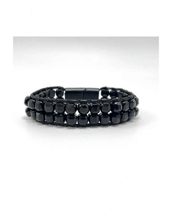 SERTİFİKALI Obsidyen Çift Sıra Küp Kesim Kilitli Doğal Taş Bileklik 6mm Taş