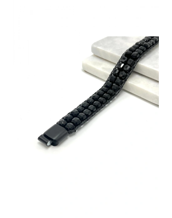 SERTİFİKALI Obsidyen Çift Sıra Küp Kesim Kilitli Doğal Taş Bileklik 6mm Taş