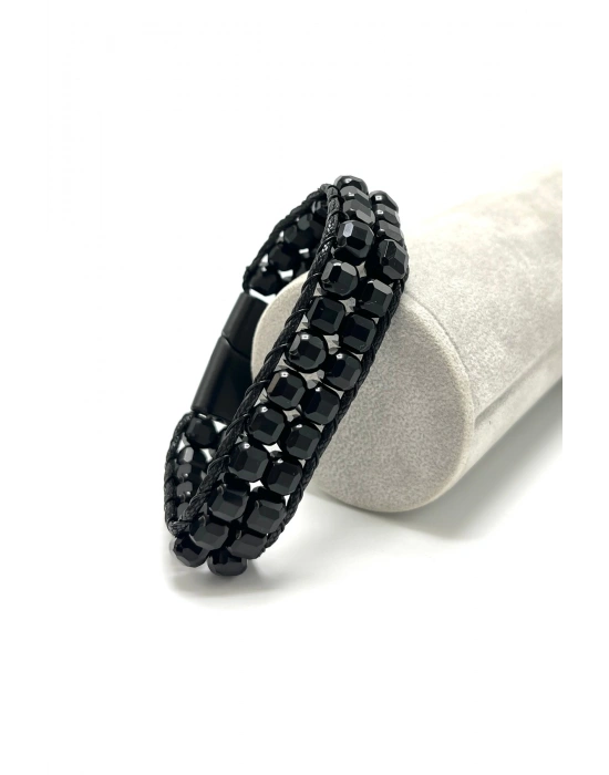 SERTİFİKALI Obsidyen Çift Sıra Küp Kesim Kilitli Doğal Taş Bileklik 6mm Taş