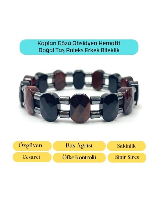 SERTİFİKALI Obsidyen Kaplan Gözü Hematit Doğal Taş Roleks Erkek Bileklik
