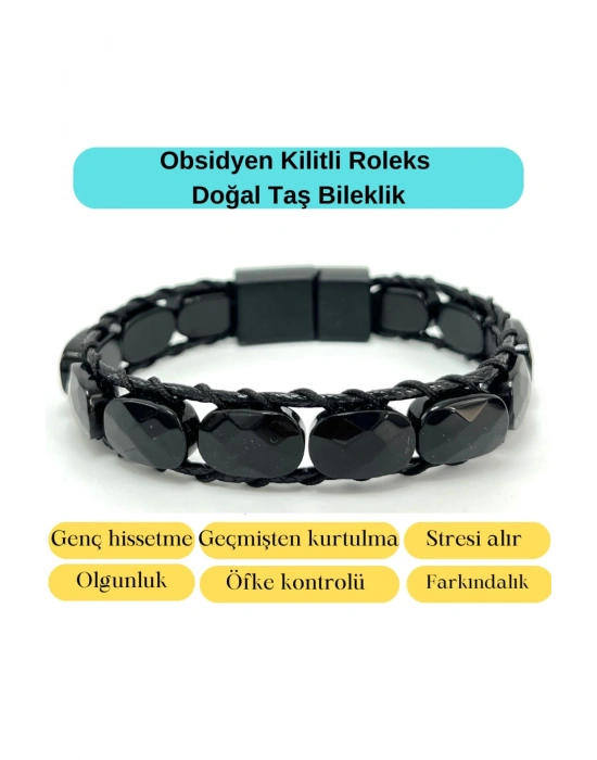 Sertifikalı Obsidyen Kilit Kapama Roleks Doğal Taş Deri Bileklik