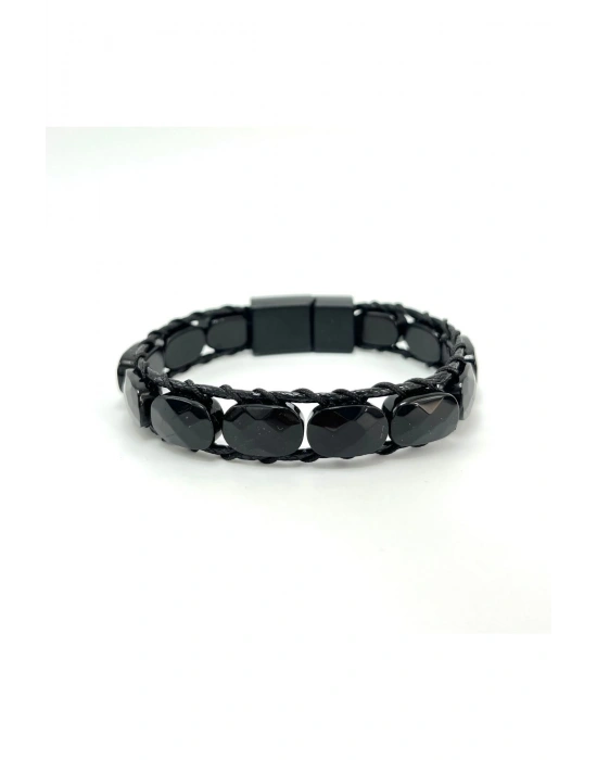Sertifikalı Obsidyen Kilit Kapama Roleks Doğal Taş Deri Bileklik