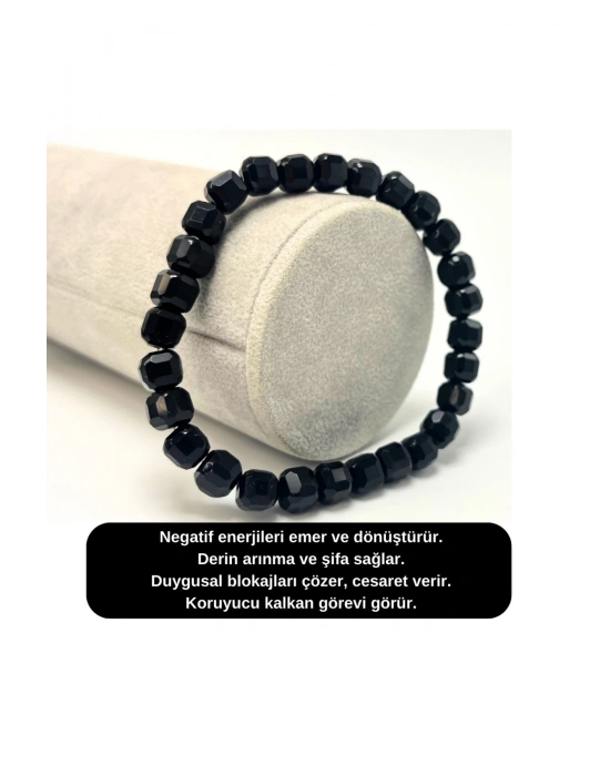 SERTİFİKALI Obsidyen Küp Kesim Lastikli Doğal Taş Bileklik 6mm