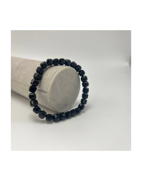 SERTİFİKALI Obsidyen Küp Kesim Lastikli Doğal Taş Bileklik 6mm