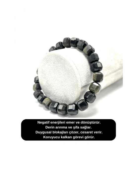 SERTİFİKALI Obsidyen Küp Kesim Lastikli Doğal Taş Bileklik 8 mm
