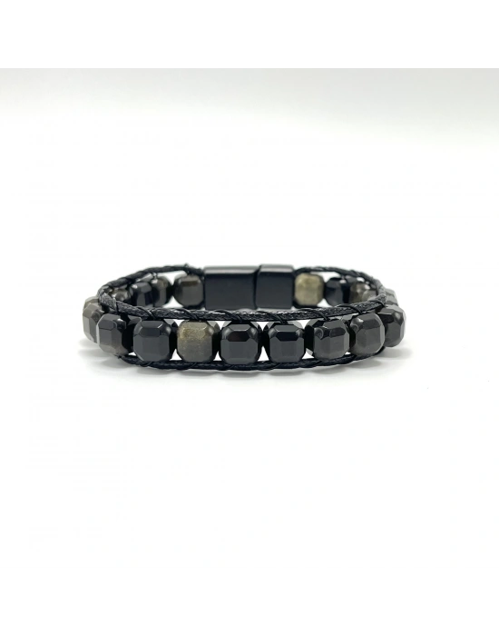 SERTİFİKALI Obsidyen Küp Kesim Lastikli Doğal Taş Bileklik 8 mm