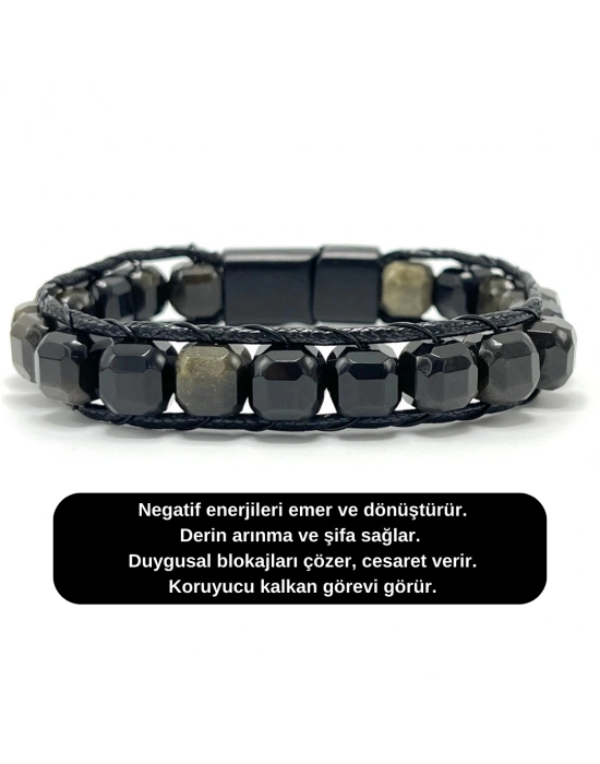 SERTİFİKALI Obsidyen Küp Kesim Lastikli Doğal Taş Bileklik 8 mm