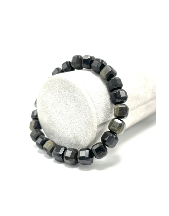 SERTİFİKALI Obsidyen Küp Kesim Lastikli Doğal Taş Bileklik 8 mm