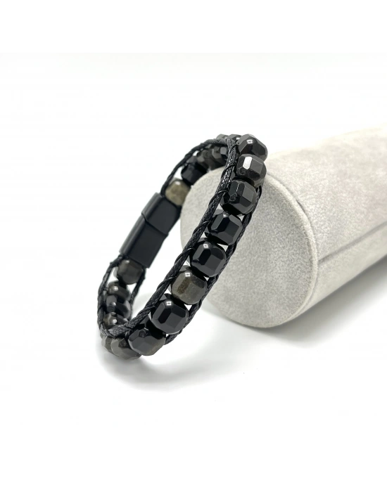 SERTİFİKALI Obsidyen Küp Kesim Lastikli Doğal Taş Bileklik 8 mm