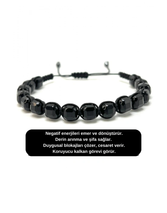 SERTİFİKALI Obsidyen Küp Kesim Makrome Doğal Taş Bileklik 6mm