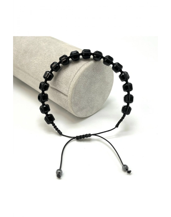 SERTİFİKALI Obsidyen Küp Kesim Makrome Doğal Taş Bileklik 6mm