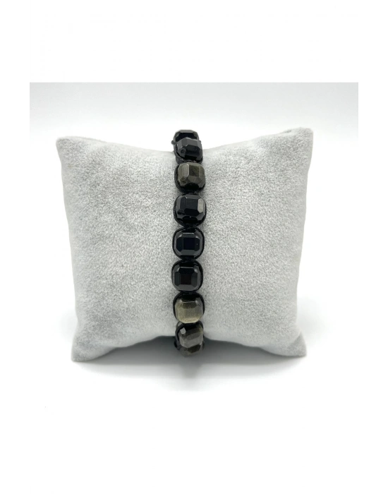 SERTİFİKALI Obsidyen Küp Kesim Makrome Doğal Taş Bileklik 8 mm