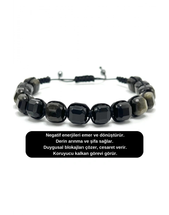 SERTİFİKALI Obsidyen Küp Kesim Makrome Doğal Taş Bileklik 8 mm