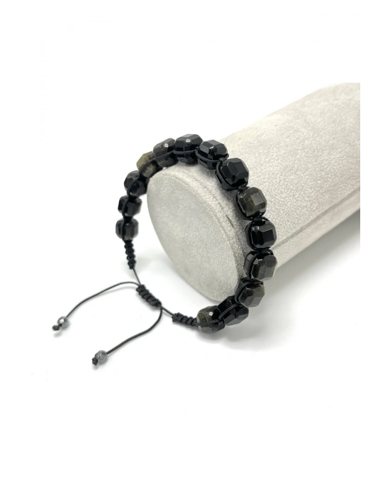 SERTİFİKALI Obsidyen Küp Kesim Makrome Doğal Taş Bileklik 8 mm