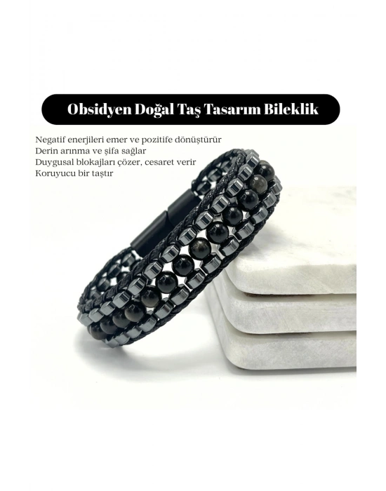 Sertifikalı Obsidyen Taşı Erkek Bileklik – Çelik Kilitli, Doğal Taş Tasarım, Şık ve Özgün Aksesuar