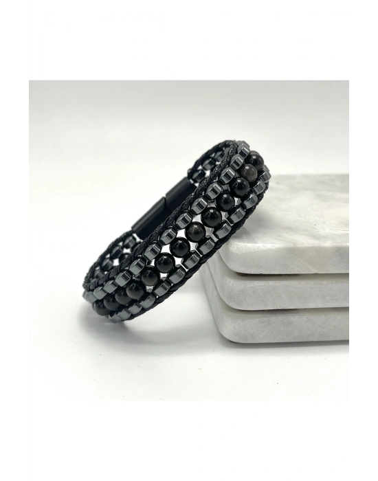 Sertifikalı Obsidyen Taşı Erkek Bileklik – Çelik Kilitli, Doğal Taş Tasarım, Şık ve Özgün Aksesuar