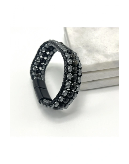 Sertifikalı Obsidyen Taşı Erkek Bileklik – Çelik Kilitli, Doğal Taş Tasarım, Şık ve Özgün Aksesuar